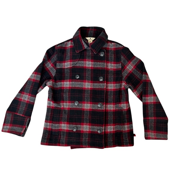 Woolrich Black Red Plaid Coat Jacket Wool Double Breasted Women's small - Picture 1 of 10